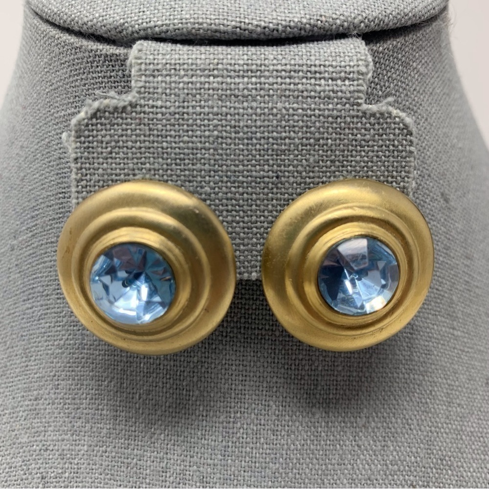 Vintage Light Blue Sparkle Stone with Gold Tone Circle Border Stud Earrings